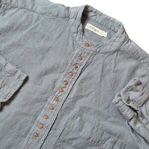 Civilian Men's Large Sage Green Grandfather Shirt Band Collar Cotton Flax